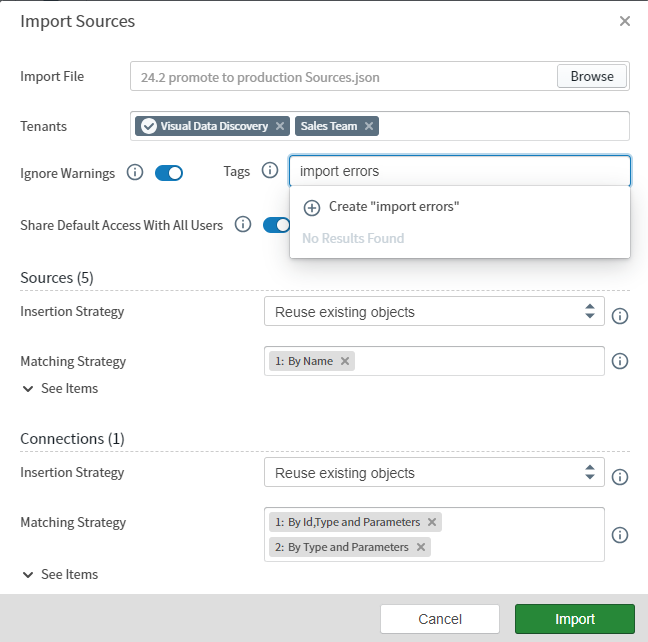 Use this work are to define what JSON file to import, for which tenants, using what insertion strategies, tags, and access