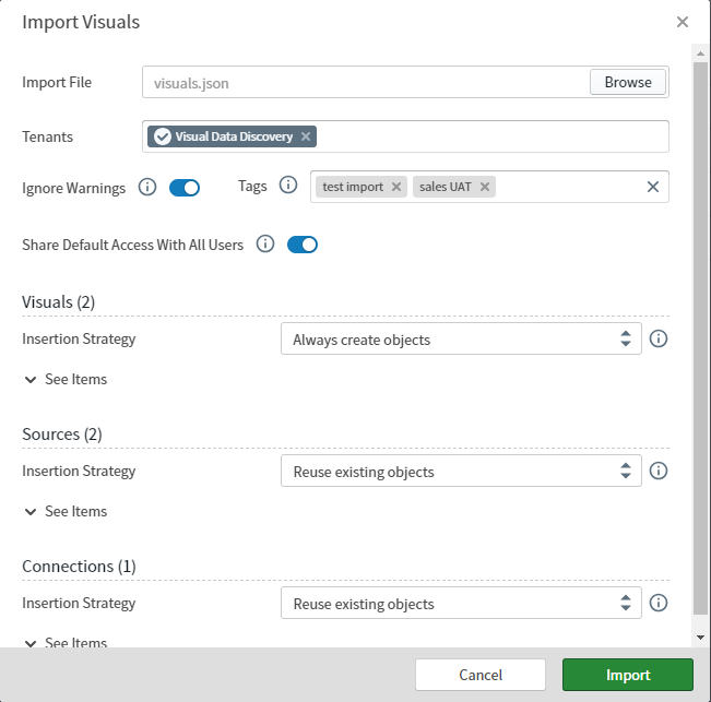 Select a JSON file to import your visuals to the visual gallery and select import options.