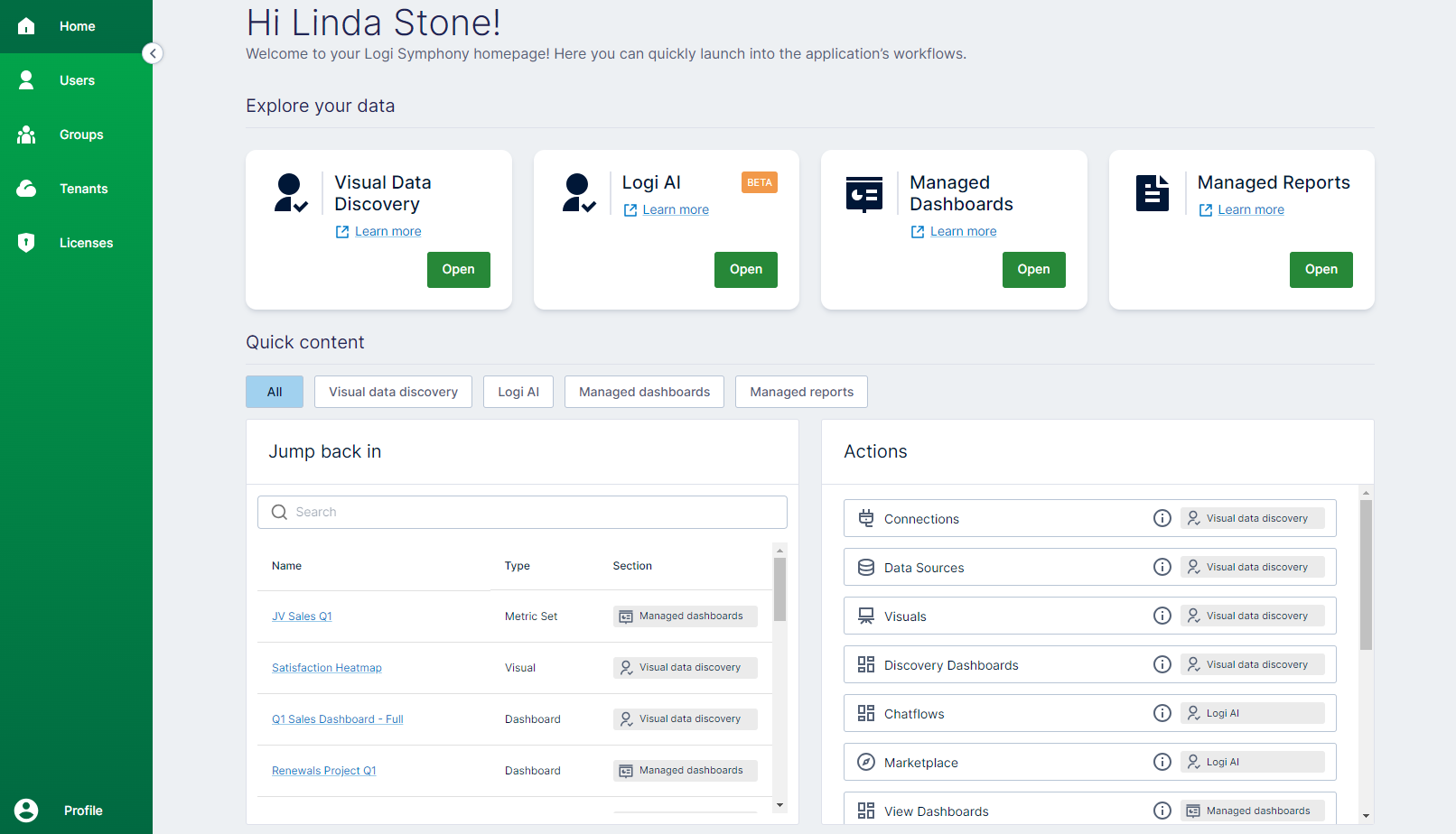 Use the home page to select an area of Symphony to work in, or jump in quickly to existing content and actions